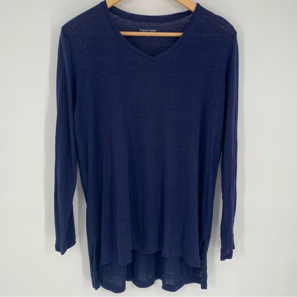 Eileen Fisher Top V-neck Linen High Low Split Hem‎ Quiet Luxury Old Money Navy S